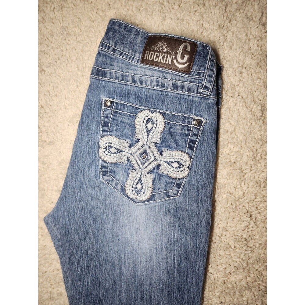 Rockin C Jeans Womens 27 Blue Denim Embroidered Rhinestone Western Boot Cut